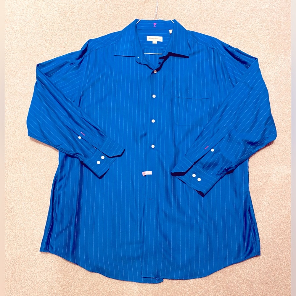 Tommy Bahama Mens Dress Shirt Deep Blue Pin Strip Size 17 1/2, 32-33